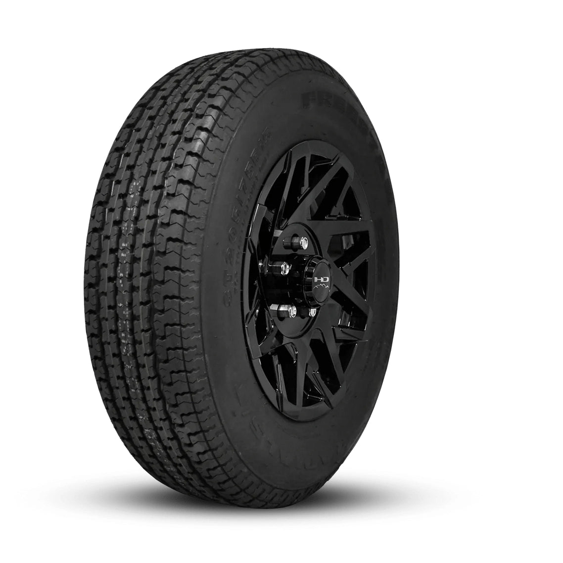 ST205/75R15 trailer tire mounted on gloss black Canyon wheel assembly