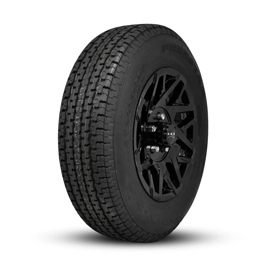 ST235/80R16 Load Range E trailer tire mounted on 16-inch gloss black Canyon alloy wheel
