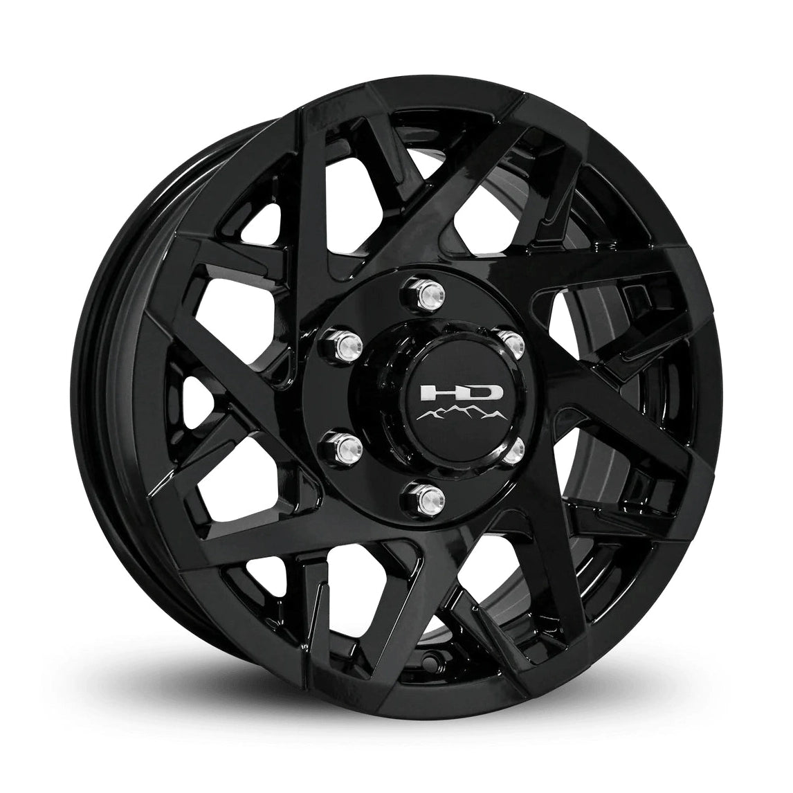 16-inch gloss black Canyon aluminum trailer wheel with angular multi-spoke design and center cap